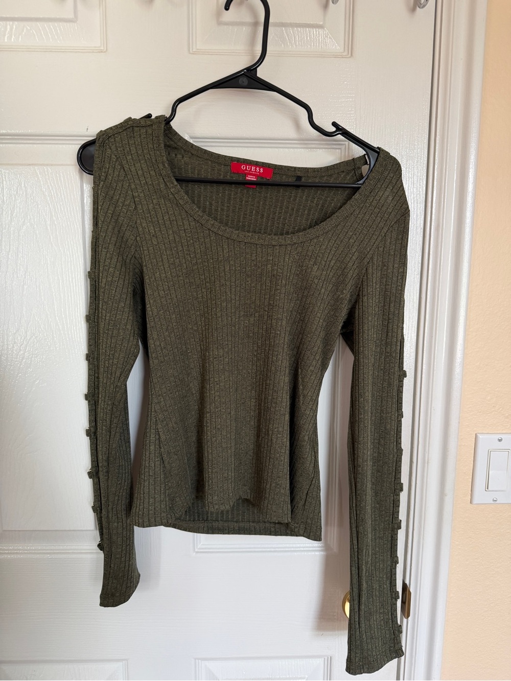 GUESS Olive Green Ribbed Button-Accent Long Sleeve Top